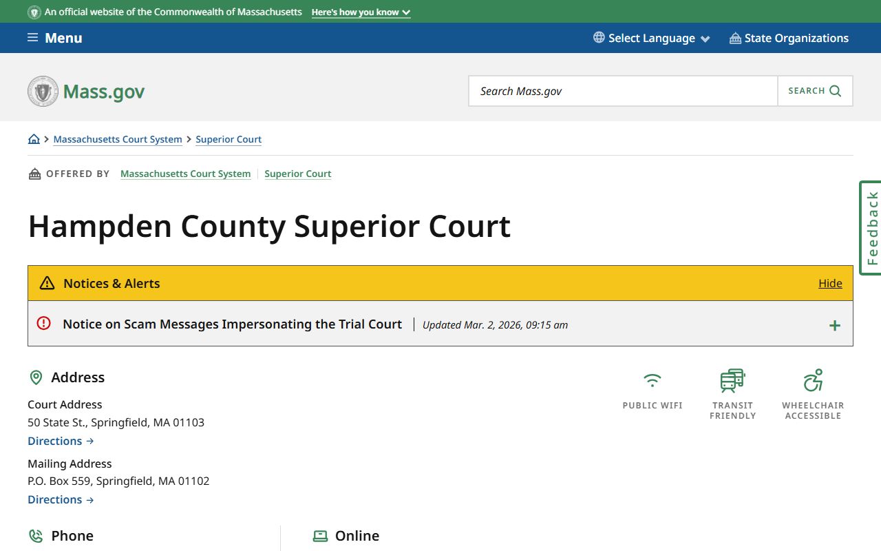 Hampden County Superior Court in Springfield - handles Chicopee civil court records over $50,000