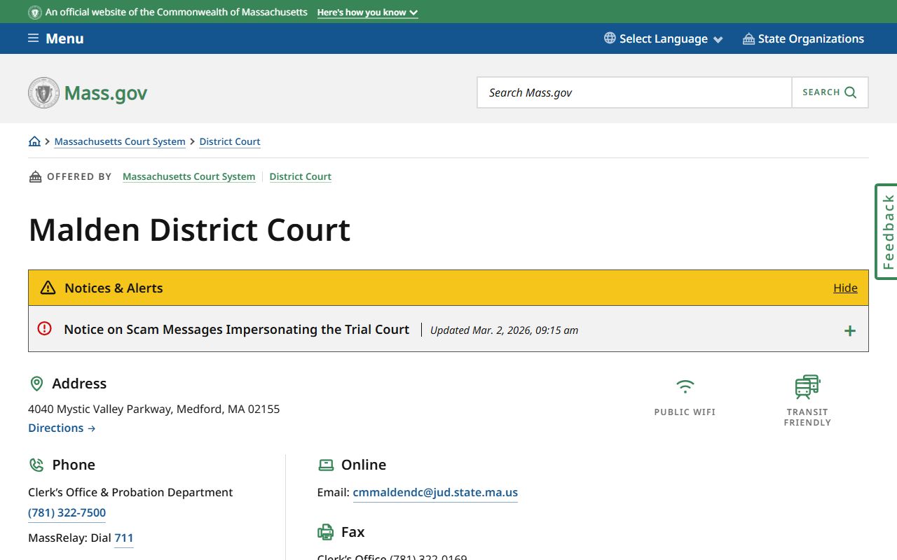 Malden District Court in Malden - handles Everett civil court records for cases up to $50,000