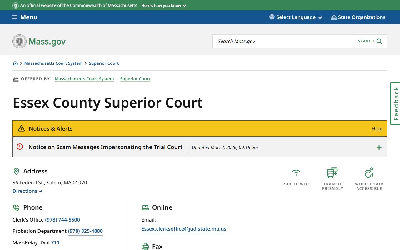Essex County Superior Court in Salem - handles Peabody civil court records for large cases