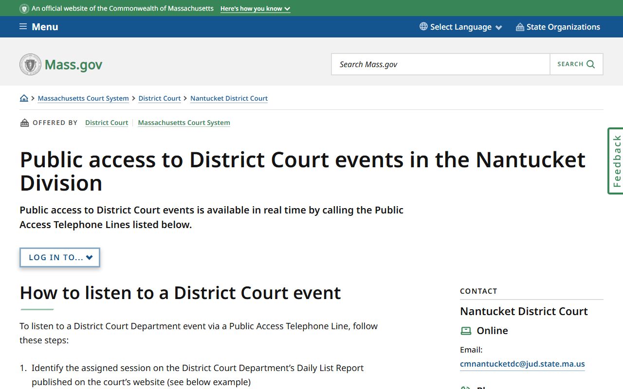 Nantucket County civil court records public access district court events
