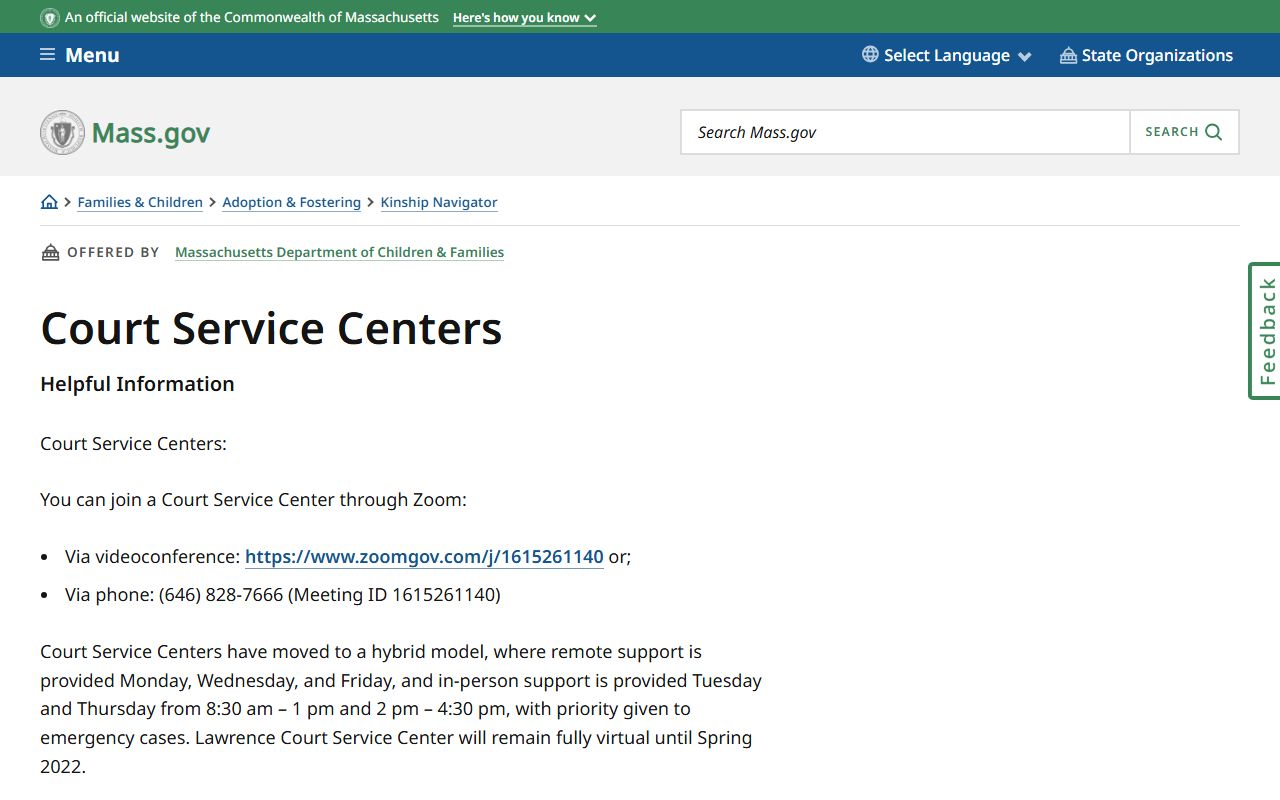 Massachusetts civil court records Court Service Centers information page
