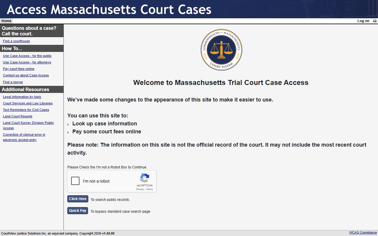 Massachusetts civil court records MassCourts portal main entry page