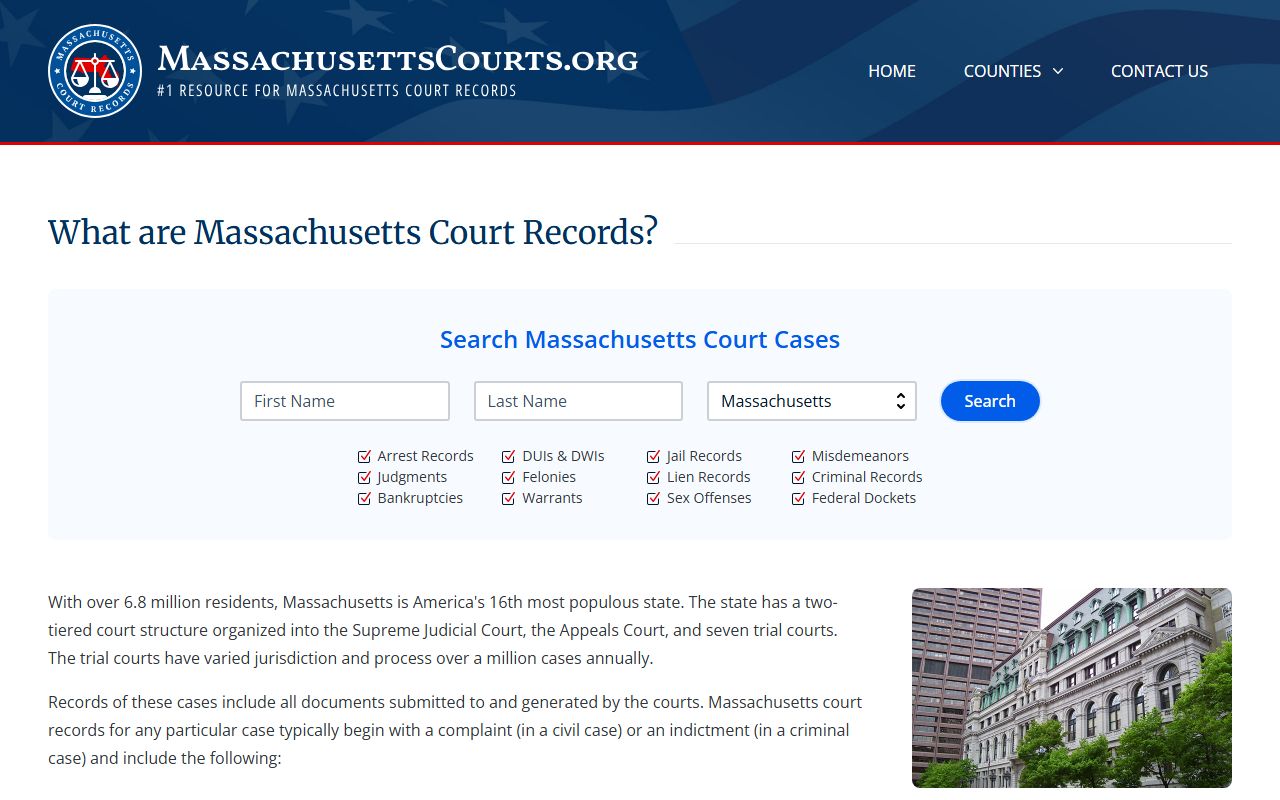 Massachusetts civil court records Trial Court website homepage